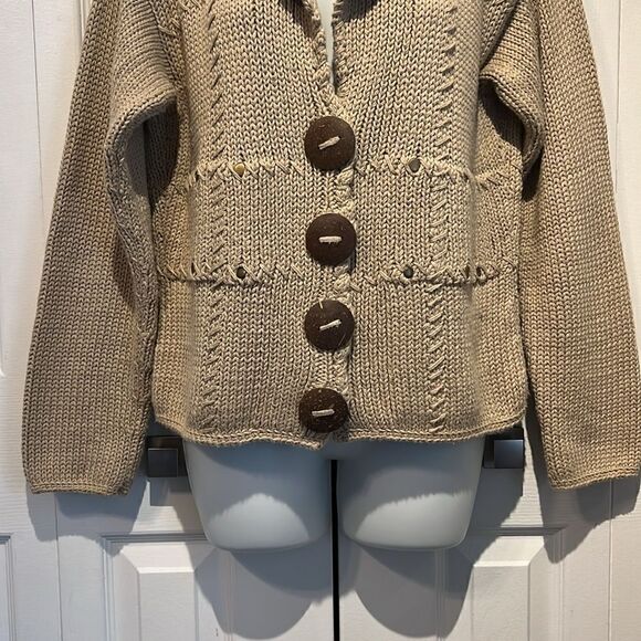 PURE Handknit Cotton Button Up Tan‎ Cardigan Sweater Size S/M - Picture 3 of 12